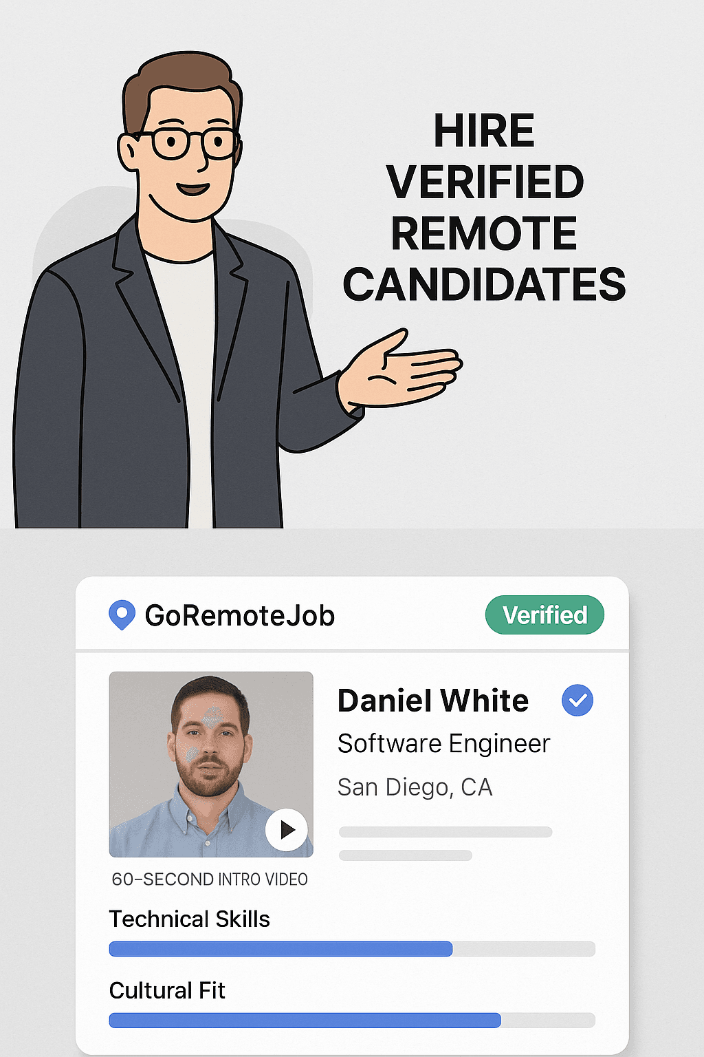 Example of verified remote candidate profile with video introduction and skills assessment